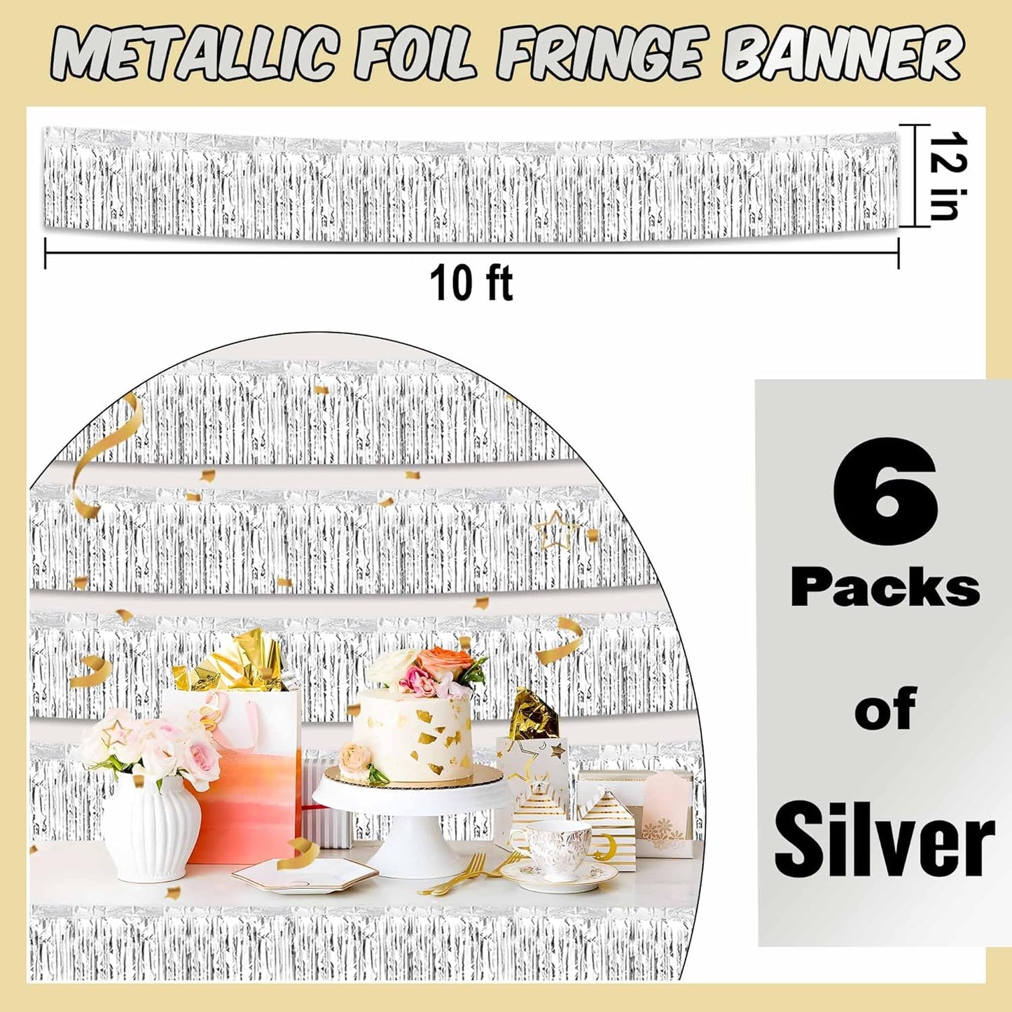 6 Pack 10 Ft Silver Foil Fringe Garland Metallic Streamers Tinsel Banner Wall Hanging Garland Backdrop for Parade Floats, Halloween, Christmas, Thanksgiving, New Year Party Decorations