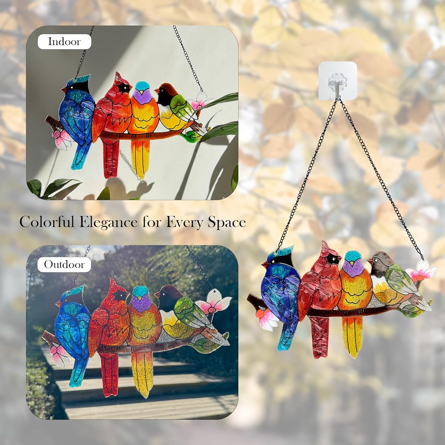 Stained Glass Window Hanging - Large Suncatcher Stained Glass Birds on Branch, Sun Catchers for Indoor Window Doors Room Home Decoration Hummingbird Gifts for Bird Lovers