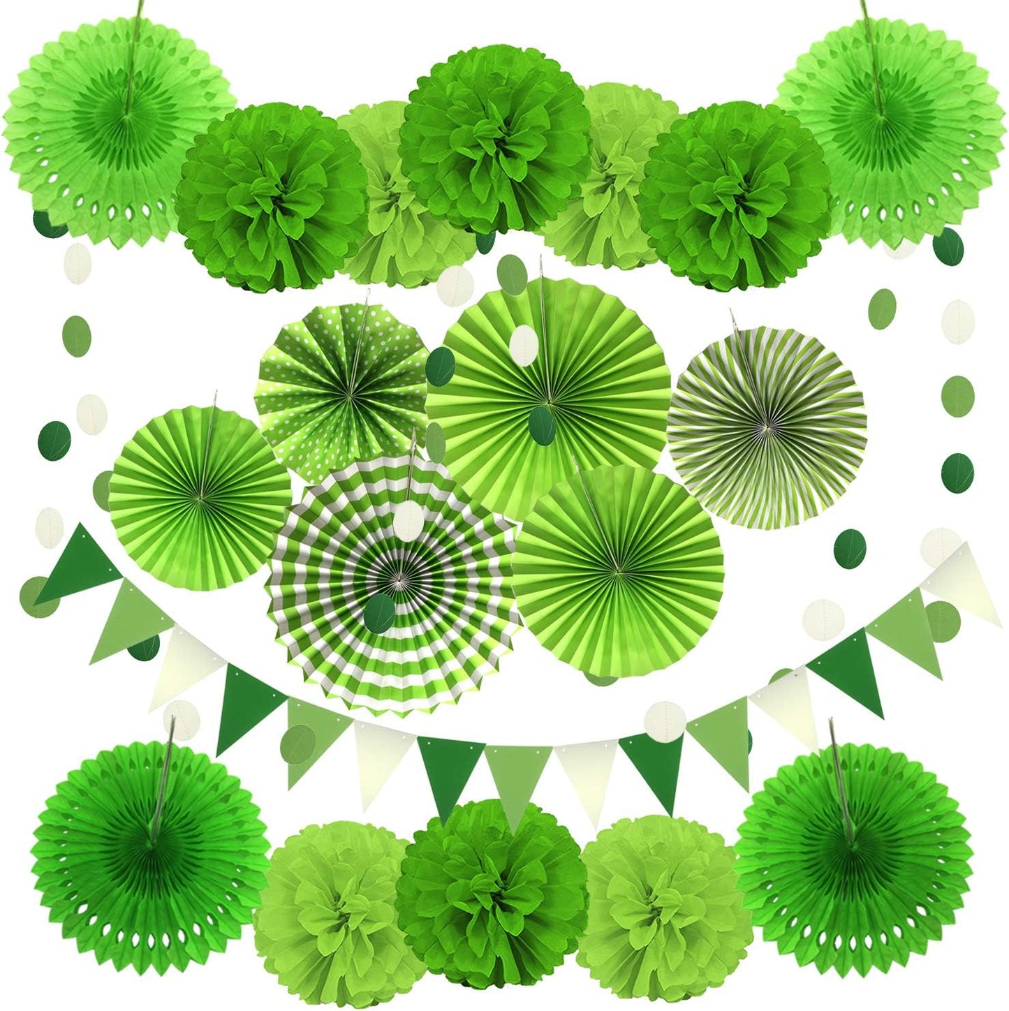ZERODECO Party Decoration, 21 Pcs Green Hanging Paper Fans, Pom Poms Flowers, Garlands String Polka Dot and Triangle Bunting Flags for Golf Party Dinosaur Birthday Parties Arbor Day