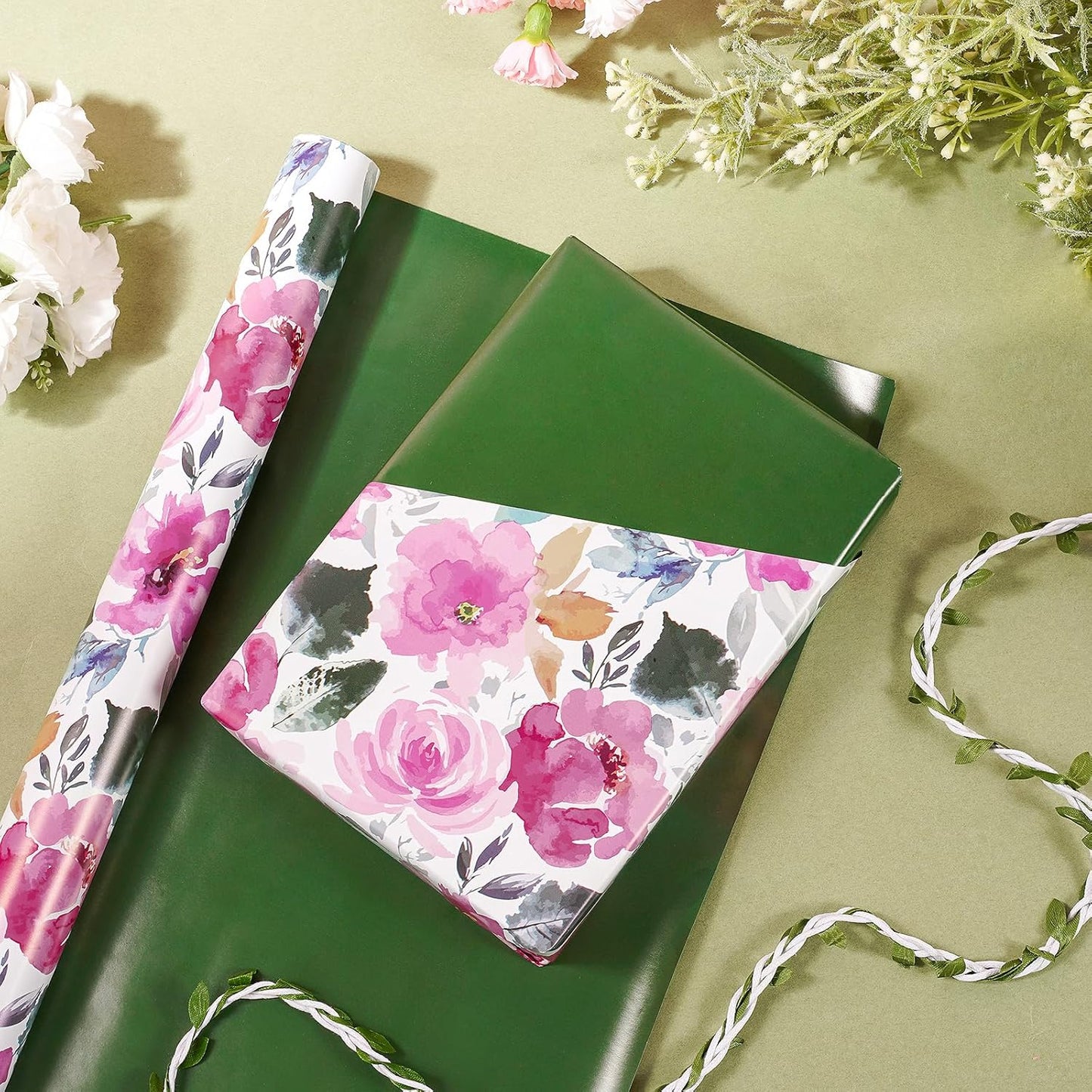 RUSPEPA Reversible Floral Wrapping Paper for Women, Mini Roll, Vintage Pink Rose with Deep Green Solid, Elegant Gift Wrap for Birthday, Wedding, Mother's Day, Bridal Shower, 17 Inches x 16.4 Feet