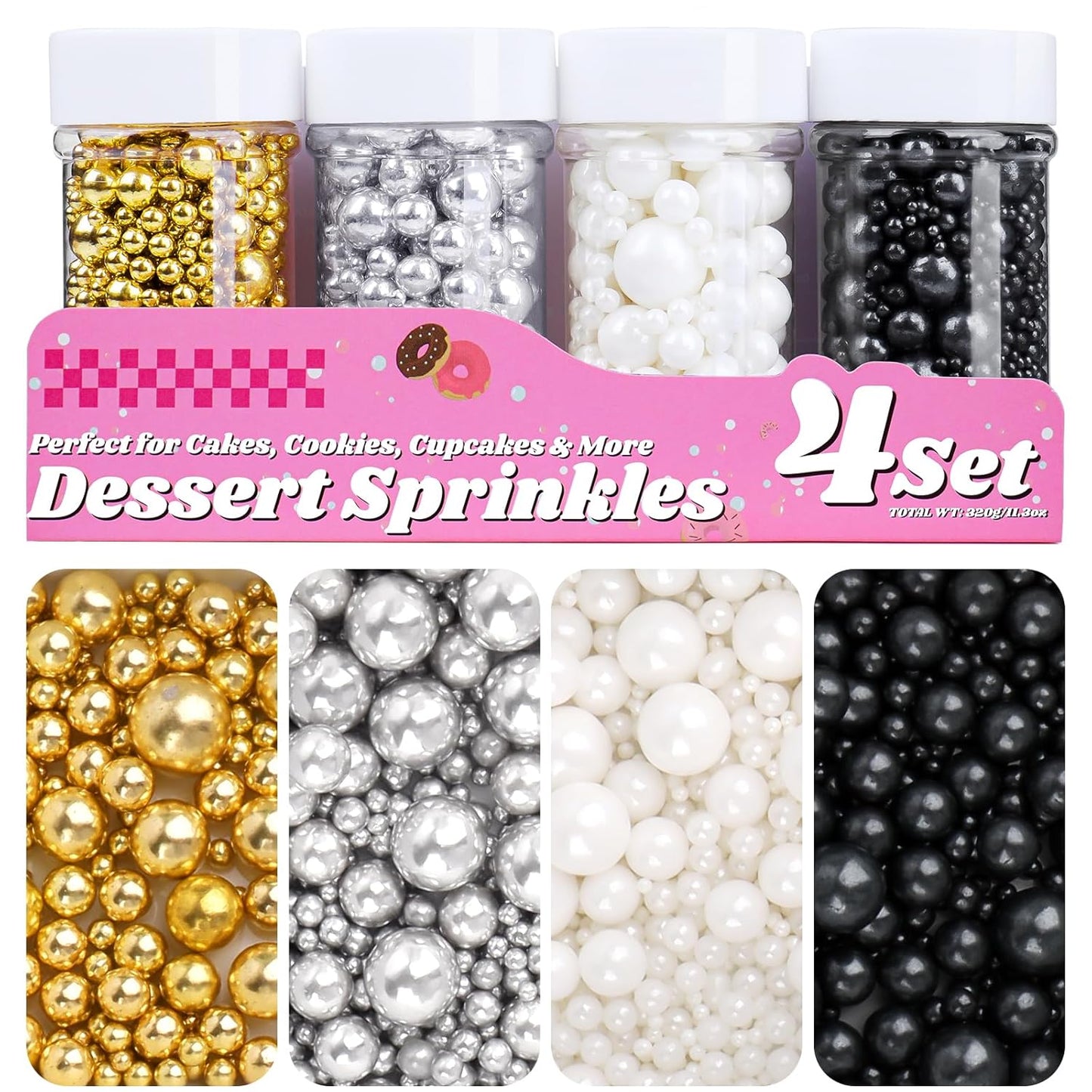 Pearl Sprinkles for Cake Decorating, 11.3 Oz Edible Pearls Sugar 4 Colors Gift Box Set for Baking Cookie Ice Cream Cupcake Toppings