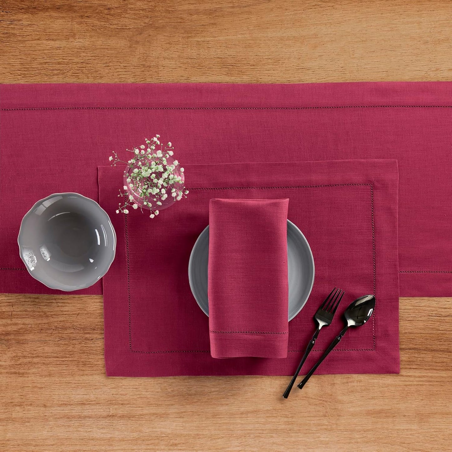 Solino Home Linen Table Runner 60 Inches - 100% Pure Linen Beet Hemstitch Table Runner 14 x 60 Inch Ideal for Dresser and Coffee Tables - Fall, Thanksgiving, Christmas, Holiday - Classic Hemstitch