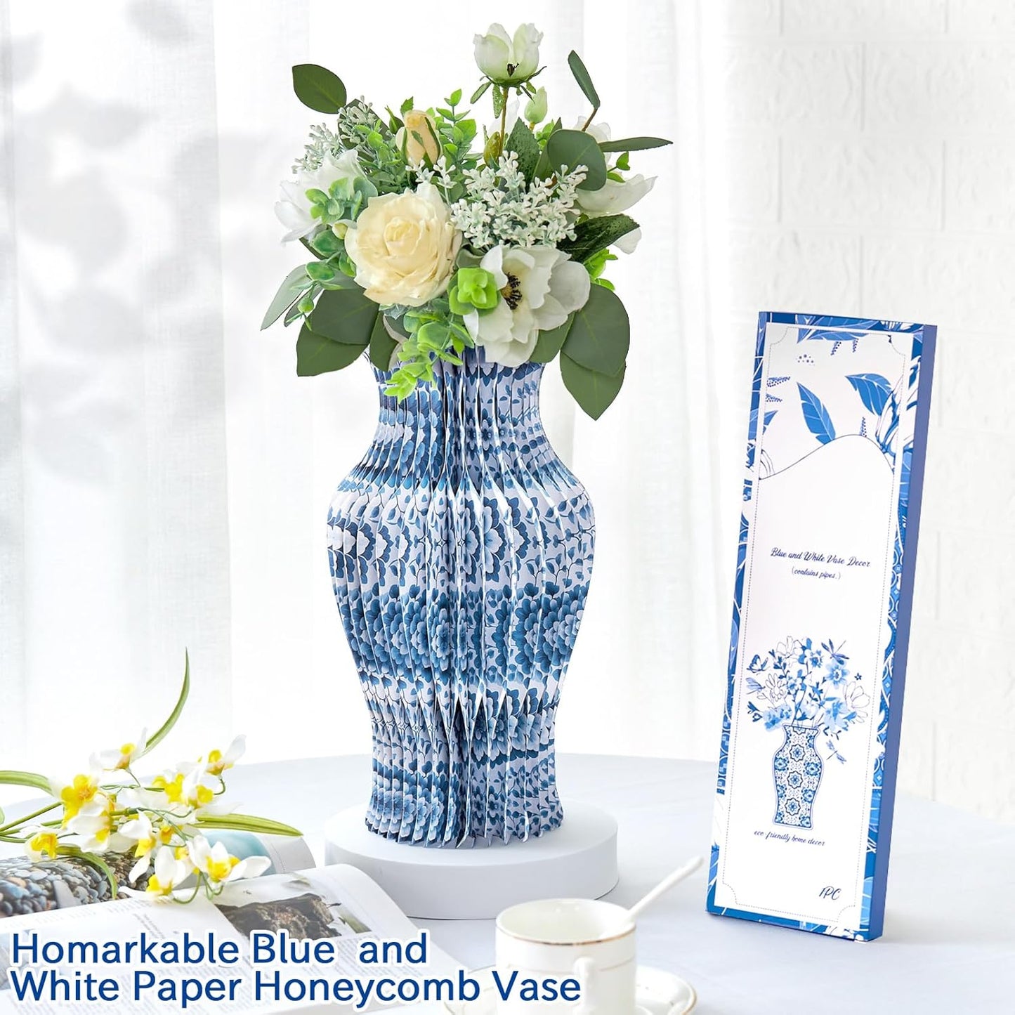 Blue and White Paper Honeycomb Vase, 11.6 Inch Foldable Decorative Vase with Magnetic Closure, Chinoiserie Décor Vase, Reusable Table Centerpiece for Home Decor, Party Decorations