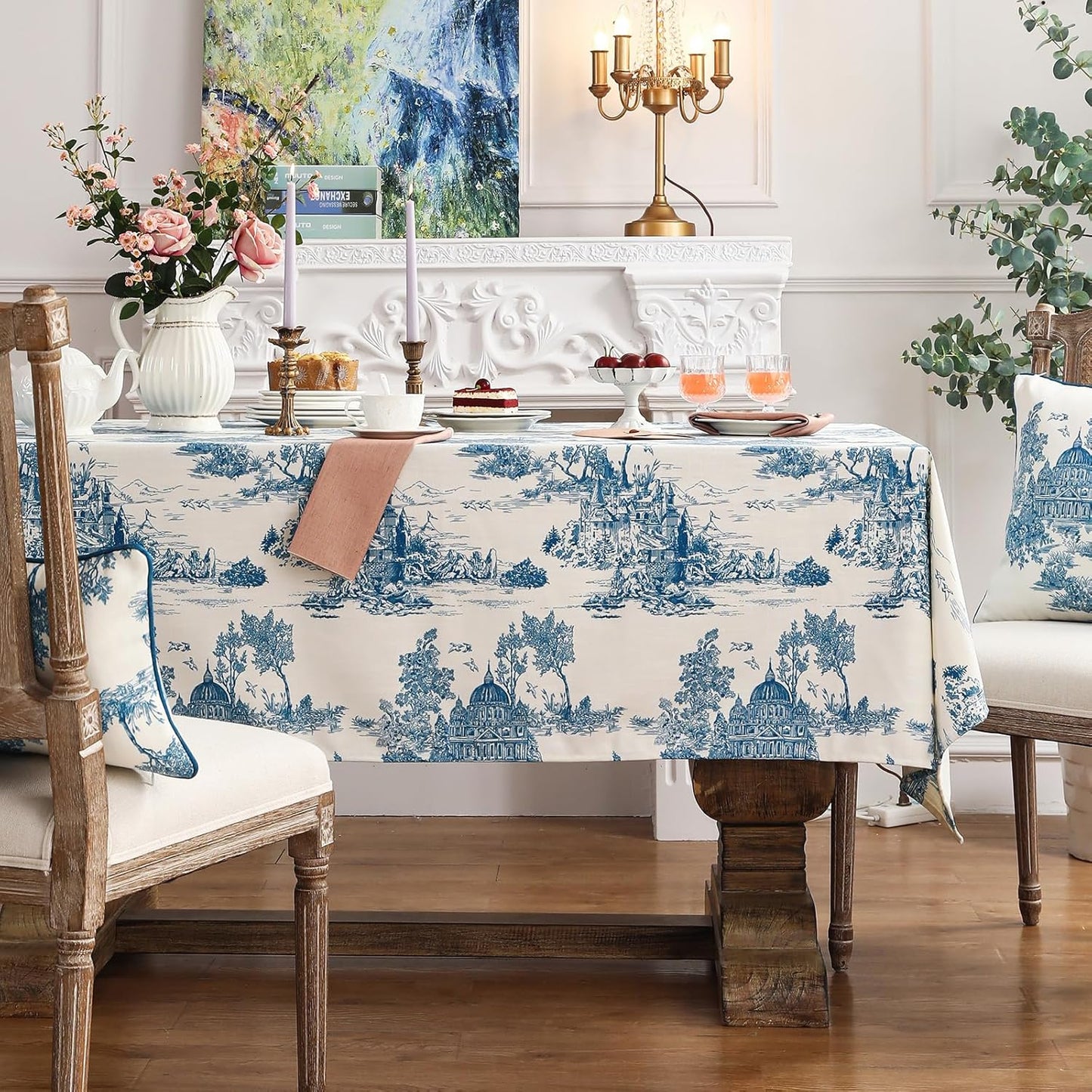 patdrea Designer Vintage Cyan Tablecloth for Rectangle Table,Linen Ancient Castle and Manor Pattern Tablecloths,Table Cover Decor for Kitchen Dining Christmas,Thanksgiving,63"x87"-Lucerne a