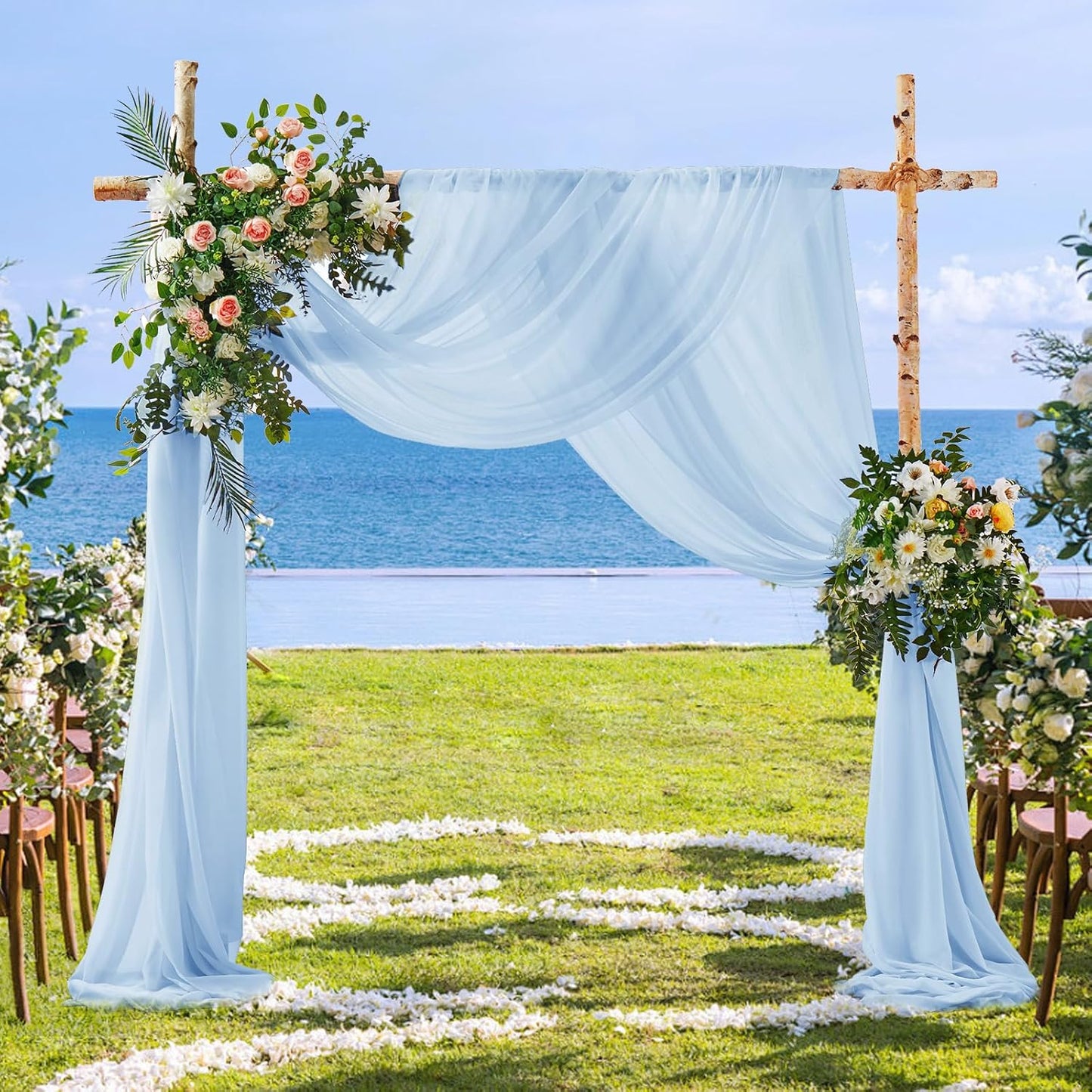 SiinvdaBZX 2 Panels Wedding Arch Draping Fabric 30" x 20Ft Light Blue Sheer Chiffon Fabric Outdoor Extra Long Decorative Drapery for Party Ceremony Ceiling Curtain Backdrop