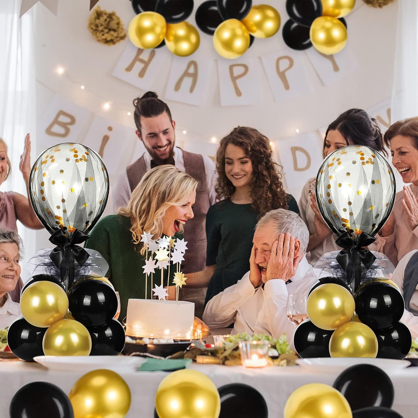 BBTO 8 Set Table Centerpieces Balloons Stand Kit, 80 Pcs Latex Balloons and Table Stand Holder with Base Tulle for Wedding Birthday Baby Shower Party(Black, Gold)