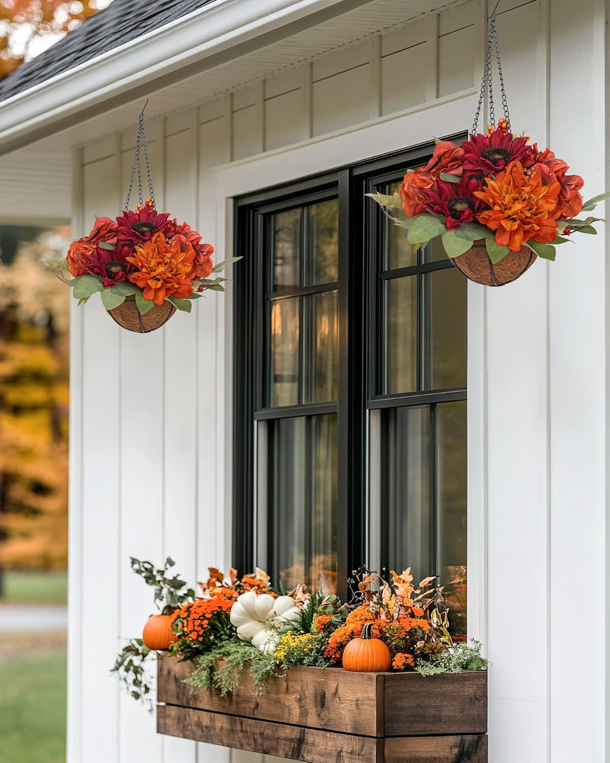 Hydrangea Fall Hanging Baskets Sunflowers Artificial Flowers Fall Hanging Decor Sunflowers Flowers Red Orange Fake Hydrangea Faux Plants Indoor Outdoor for Porch Garden Autumn Decorations for Home