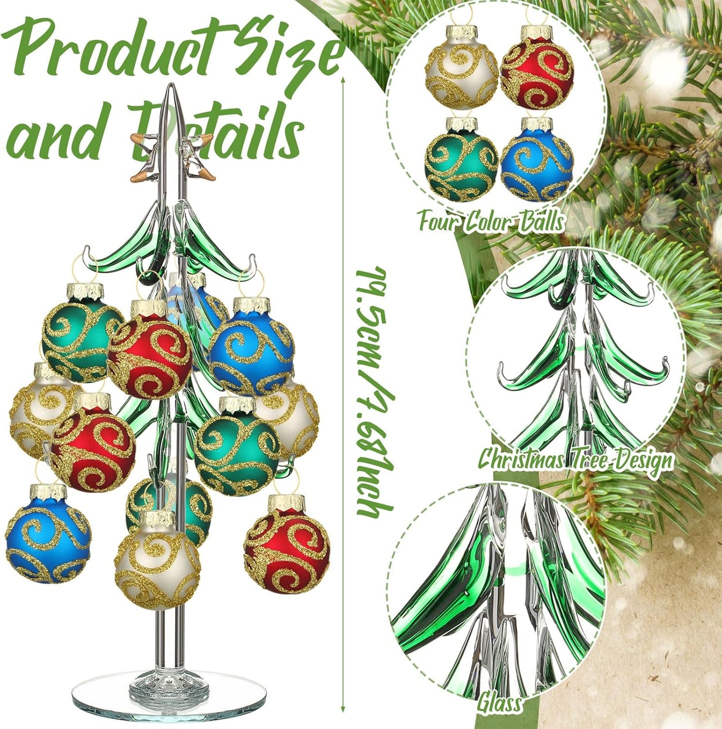Glass Christmas Tree with 12 Ornament Glitter Balls Tabletop Wine Glass Charms Miniature Christmas Tree Gift for Xmas Holiday Party Novelty Season Home Decor, 7.7 Inch