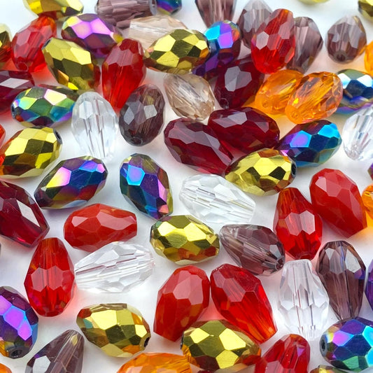 40pcs 10x15mm Teardrop Crystal Glass Beads Vertical Hole Faceted Loose Spacer Beads for DIY Craft Jewelry Making Necklace Bracelet Earring Wind Chimes(Red Series)