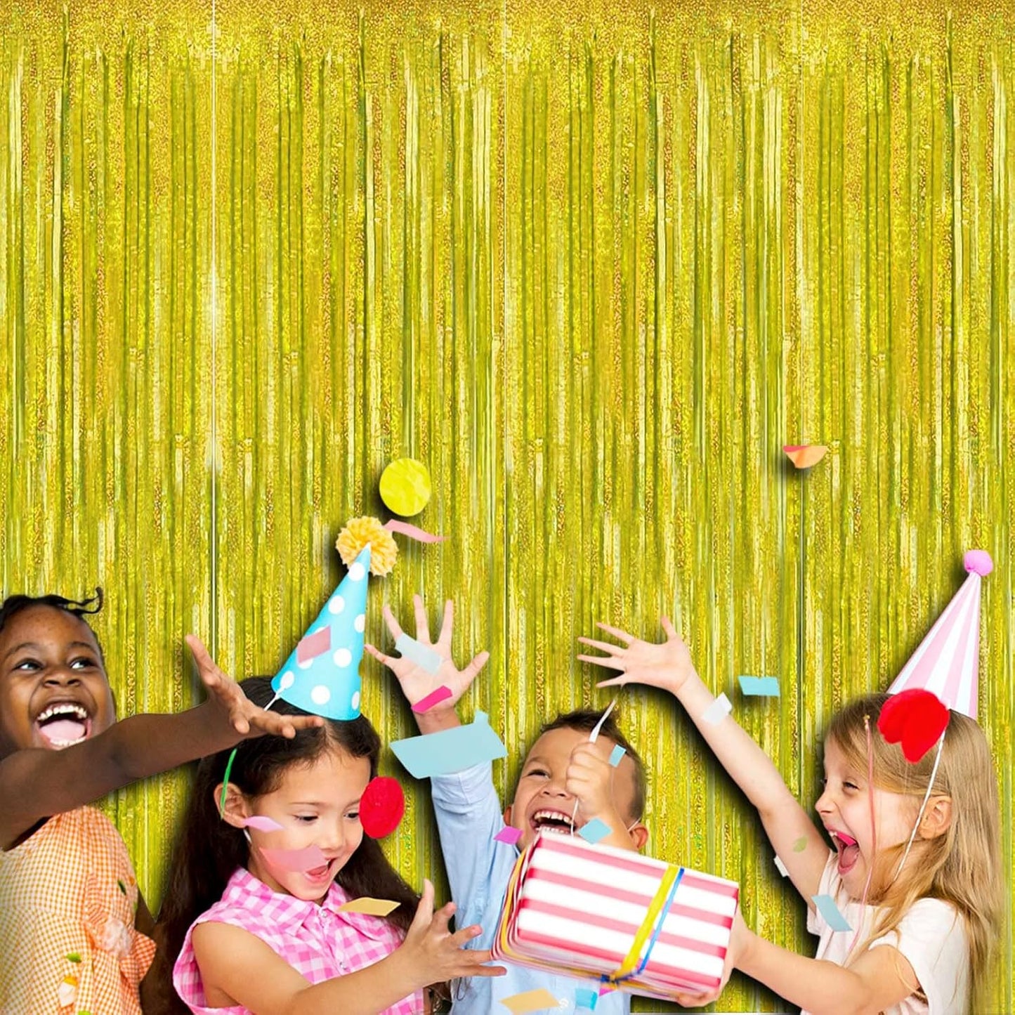 4 Pack Gold Tinsel Foil Fringe Curtain Backdrop, 3.28Ft x 8.2Ft Metallic Streamers for Photo Booth Props Wedding Bridal Shower Bachelorette Birthday Halloween Christmas Party Decoration