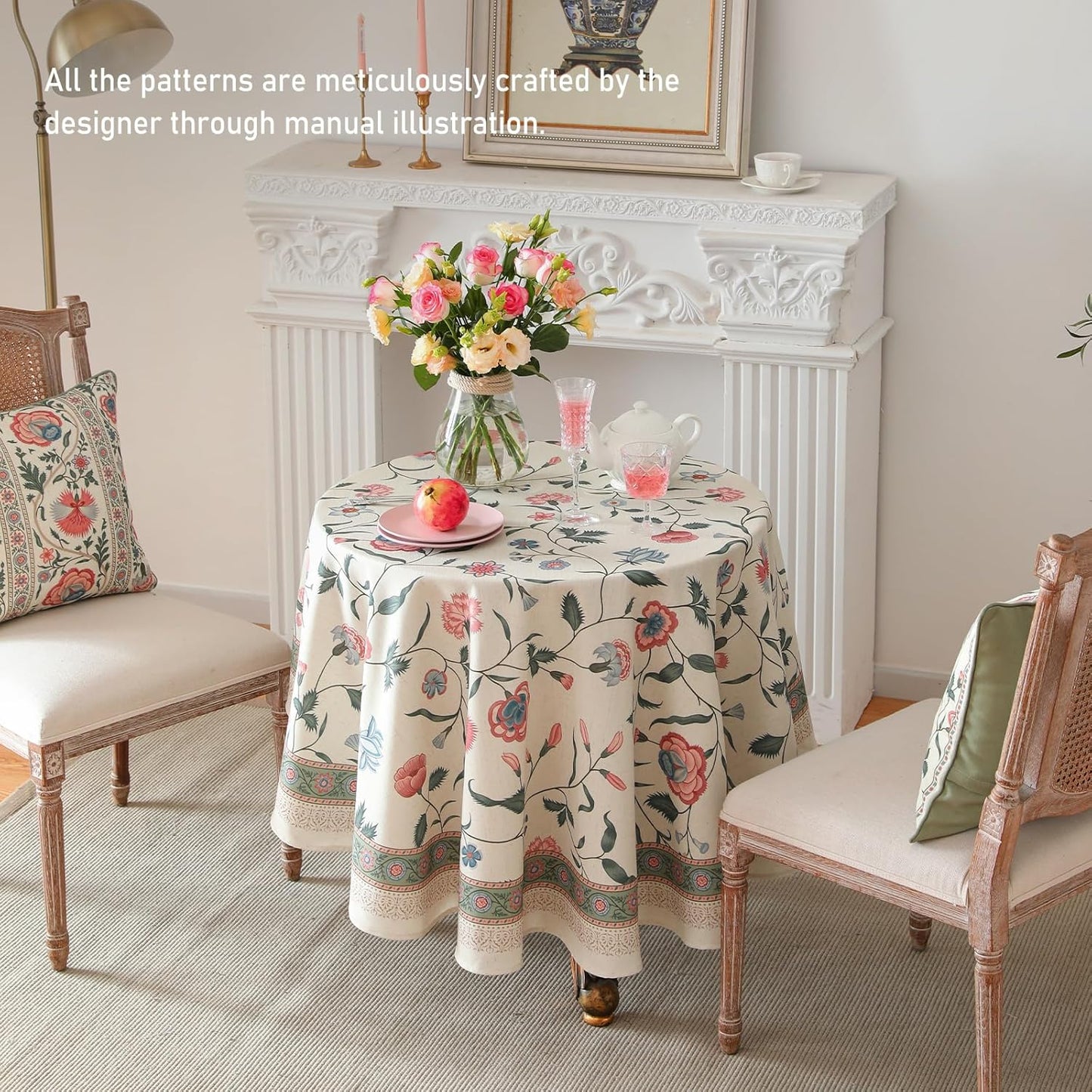 ISAENNE Designer Chinoiserie Linen Floral Round Tablecloth,White Wrinkle Resistant Table Cloth,Elegant Decor Tablecloths for Dining Thanksgiving Kitchen Party Christmas,Diameter 67"-Daffy