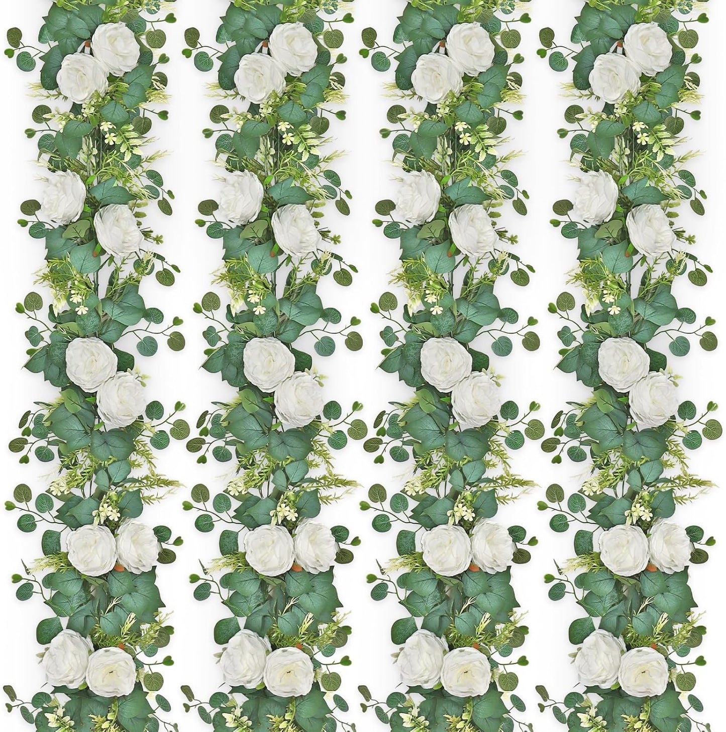 4PCS 6.23FT Artificial Eucalyptus Garland with Peony Flowers Fake Vines Floral Greenery Garland White Peonies Artificial Flowers for Centerpiece Table Runner Wedding Decor (White, 4PCS)
