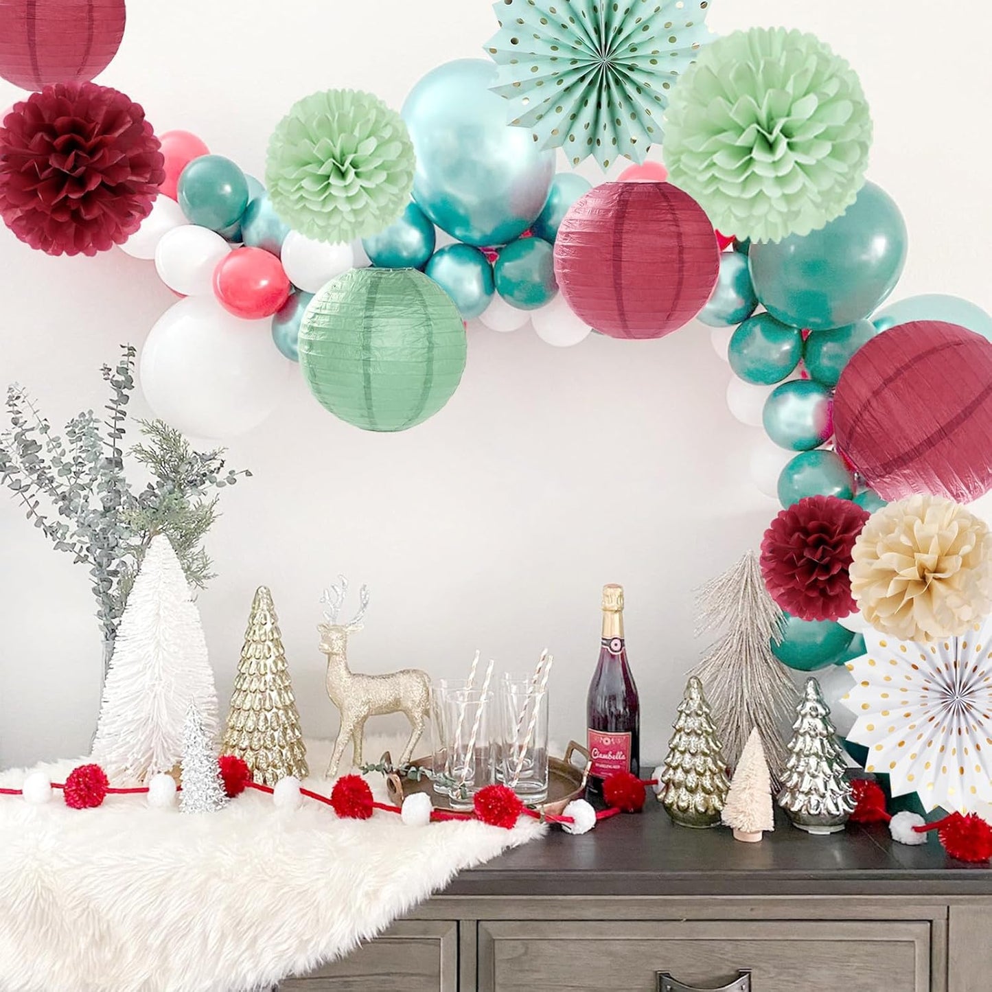 Sage-Olive Green Burgundy-Champagne Boho Party-Decorations - 20pcs Birthday Paper Lanterns Fans,Tissue Pom Poms,Honeycomb Balls,Bunting,Christmas Bridal Baby Shower Wedding Engagement Decor Burgleda