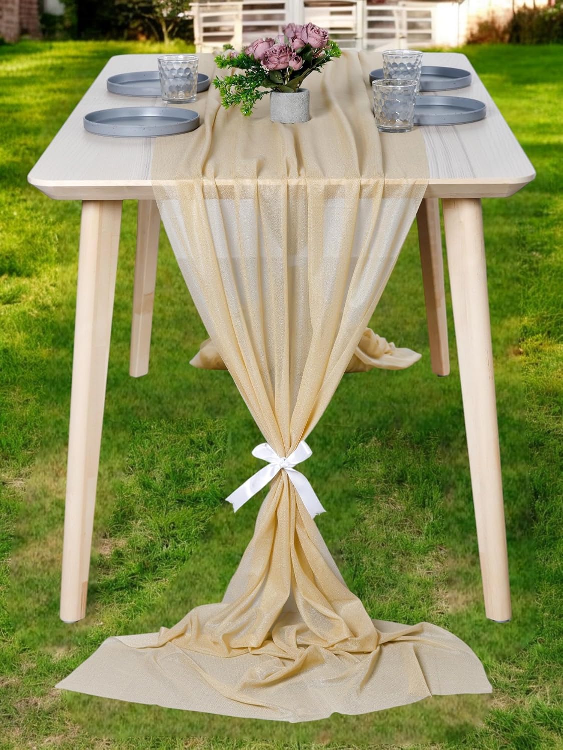 MDS 20 Pack 10ft Chiffon Table Runner 29 x 120 Inches Sheer Wedding Runner Romantic Rustic Table Runner for Wedding Decorations, Birthday Parties, Bridal Shower Party Arch Decor - Champagne Gold