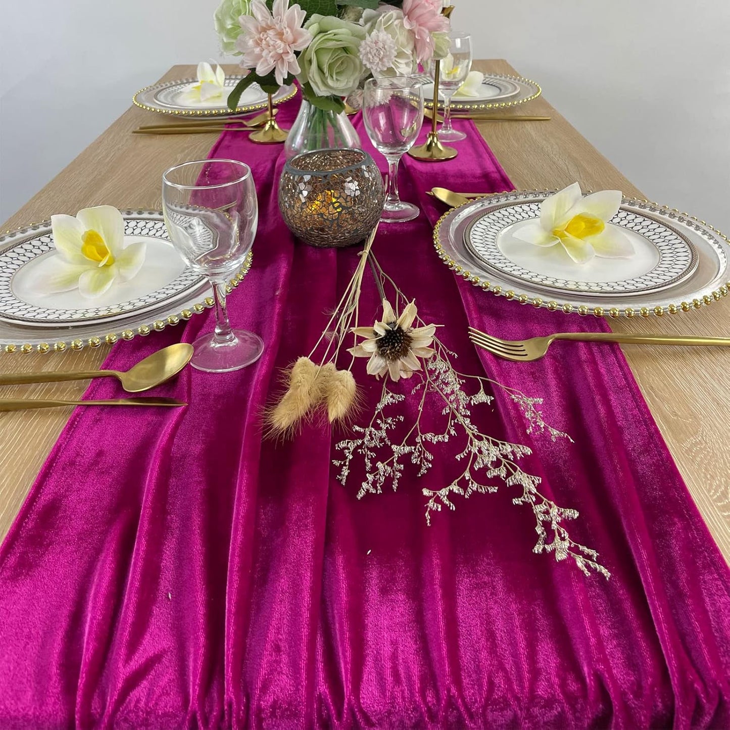 Luxurious Velvet Table Runner, 10ft Wedding Reception Decorations, 20x120inch Soft Velvet Fabric, Table Linen Overlay, Wedding Table Runners (Fuchsia, 20X120inch)