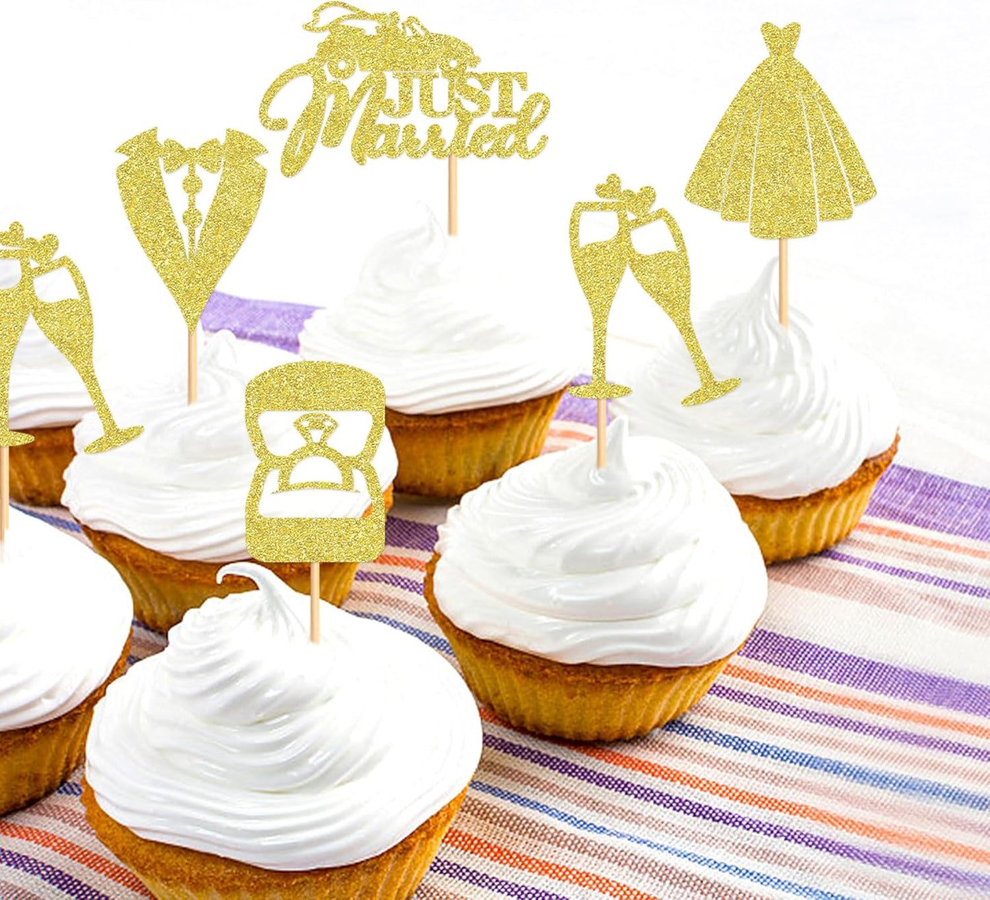 25 Pcs Bride and Groom Cupcake Toppers Wedding Dress Diamond Ring Cupcake Picks Bridal Shower Wedding Engagement Anniversary Party Cake Decorations Supplies golden