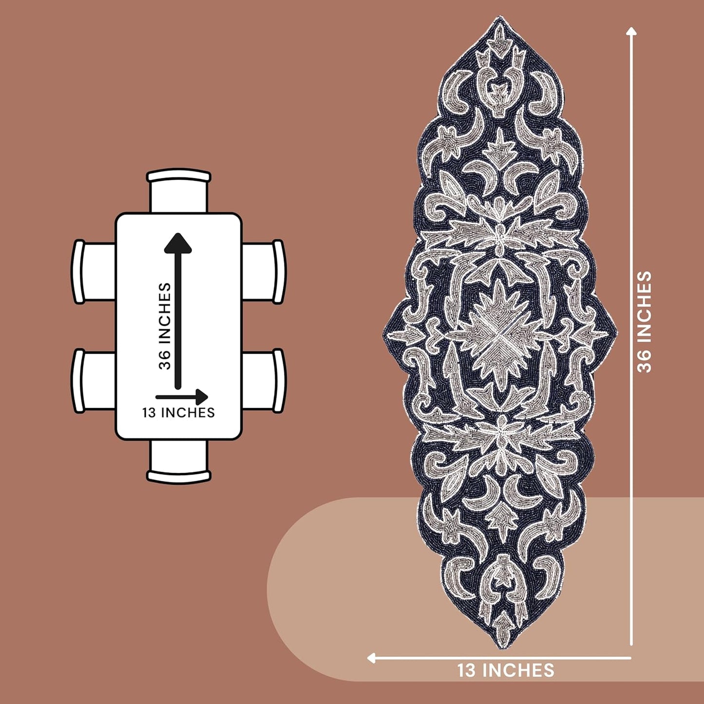 Decorative Beaded Table Runner - 36" Glass Beads & Polyester Table Runner Ideal for Dining, Décor, Luxury Table Centerpiece for Weddings, Holidays & Modern Home Accents (Blue Silver) - CLEENTABLE