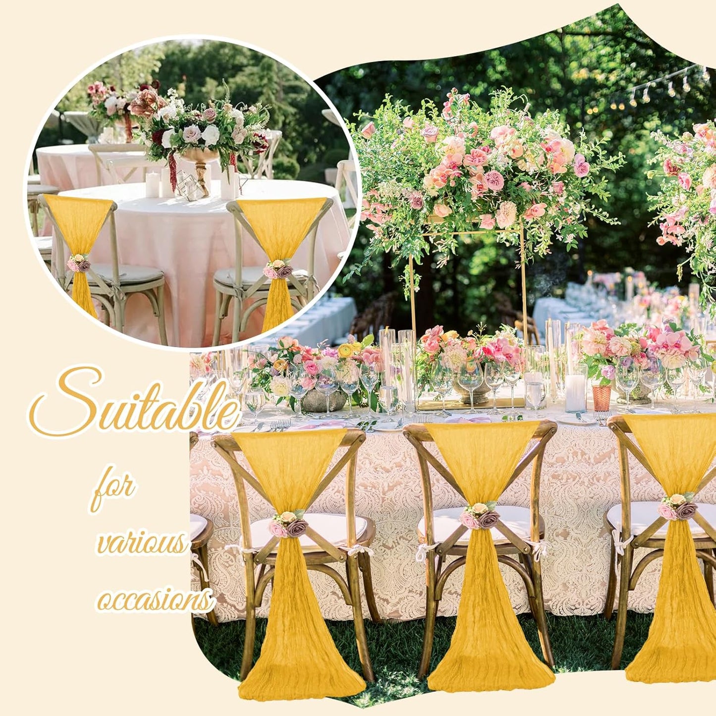 36 Pcs Mustard Yellow Cheesecloth Chair Sashes, 16 x 108 inch Gauze Fabric Washable Chair Sashes Bows Designed for Aisle Decorations Universal Chairs Cover Decor for Wedding Reception Party Banquet