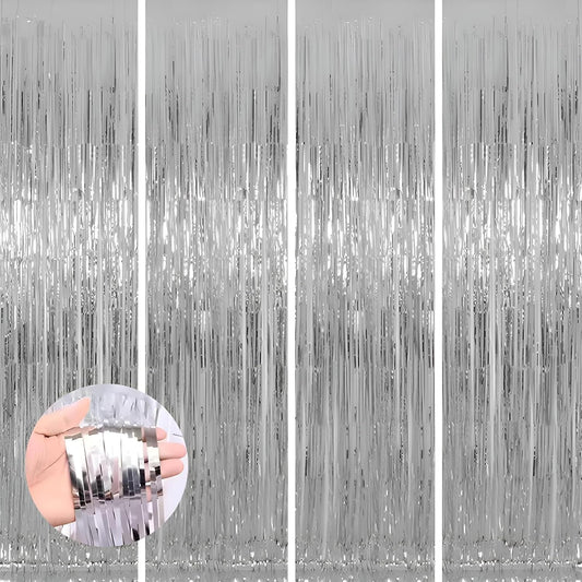 Keyali 4 Pack 3.3 * 8.3 ft Foil Curtain Metallic Tinsel Fringe Curtains Photo Booth Props Backdrop for Birthday Wedding Engagement Baby Shower Christmas Holiday Celebration Partyl,Silvery