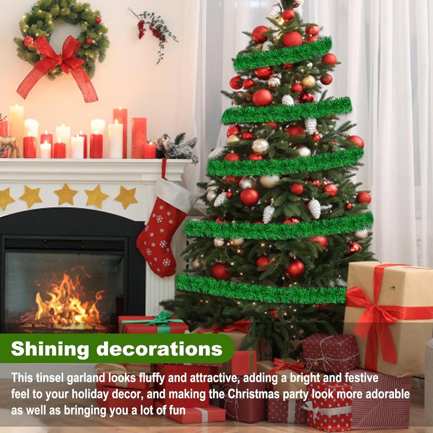 50 Feet Green Christmas Tinsel Garland, Metallic Foil Twist Garland Wall Hanging Tinsel Banner Backdrop for Parade Floats, Easter, Mother's Day, Wedding Party Decorations (2in x 50ft)