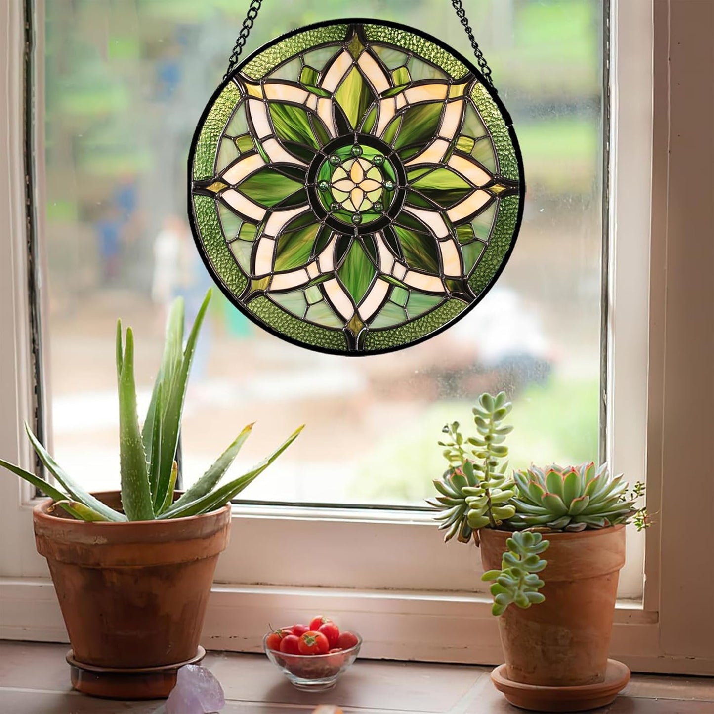 Stained Glass Window Hanging - White Green Boho Flower Suncatcher for Doors Window Home Sun Catchers Decor Christmas Mother's Day Birthday Gifts for Teacher Women Men Mom Nana 7.8 in