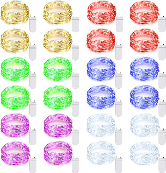 24 Pack LED Fairy Lights Battery Operated 7Ft 20Led Warm White Mini String Lights Waterproof Christmas Lights for Mason Jars Bedroom DIY Party Wedding Multi-Colored
