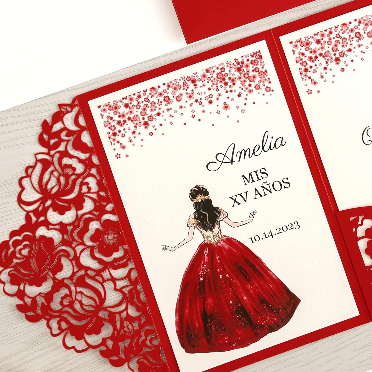 DORIS HOME 50pcs Laser Cut Quinceanera Invitations Red, 4.7x7.1 Personalized Quince Invitations for 15th Birthday, Invitation cards for Sweet 16 with Envelopes
