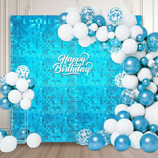 12PCS Lake Blue Shimmer Wall Backdrop, Square Sequin Photo Backdrops Panel, Glitter Wall Background for Birthdays, Weddings, Graduation, Baby Showers, Disco Bachelorette Party Decoration (3FTx4FT)