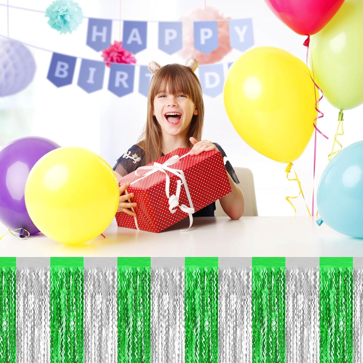 6 Pack 29 x108 Inch Silver Greenange Wave Foil Fringe Table Skirts Metallic Banner for Tinsel Streamer Garland Backdrop for Parade Floats, Mother's Day, Easter, Wedding, Birthday Party Decoration