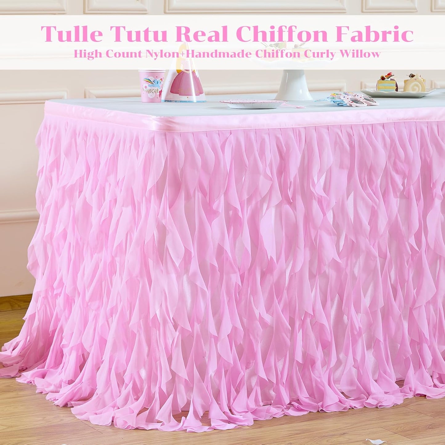 PARTISKY Pink Tulle Curly Willow Table Skirt for Rectangle Table 6ft, Ruffle Tutu Table Cloth for Girls Baby Shower,Birthday Party Candy Cake Tables