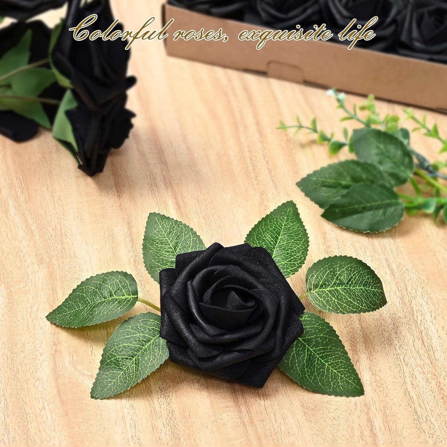 BLEUM CADE 16Pcs Artificial Flowers Fake Roses with Stems, Black Boxed Foam Roses for DIY Bouquets Centerpieces Wedding Party Arrangement Bridal Shower Decor