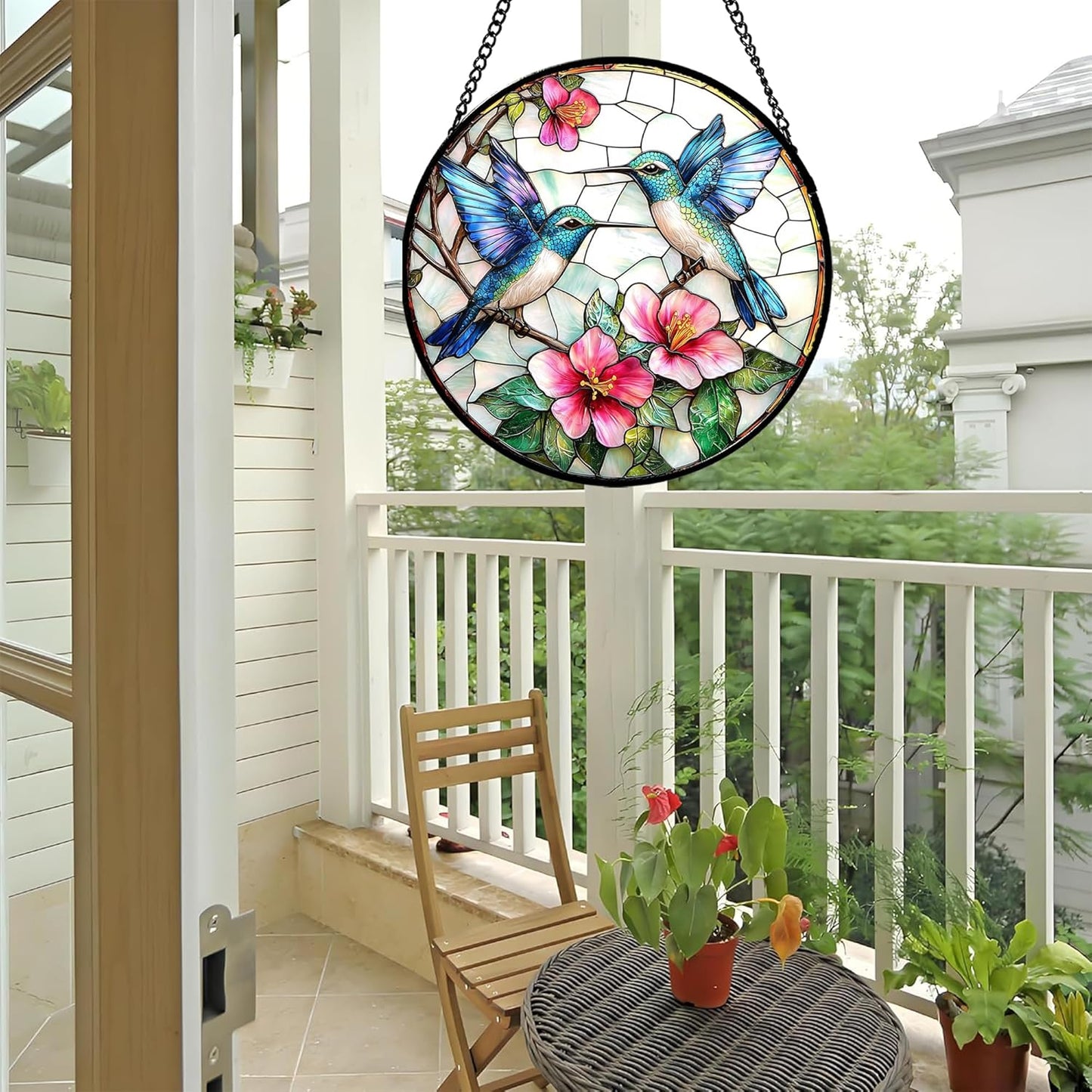 Stained Glass Window Hanging - Blue White Hummingbirds Pink Flowers Suncatcher for Door Terrace Garden Home Decor Bird Sun Catcher Birthday Gifts for Lovers Women Men Dad Mom Nana 6.3 in
