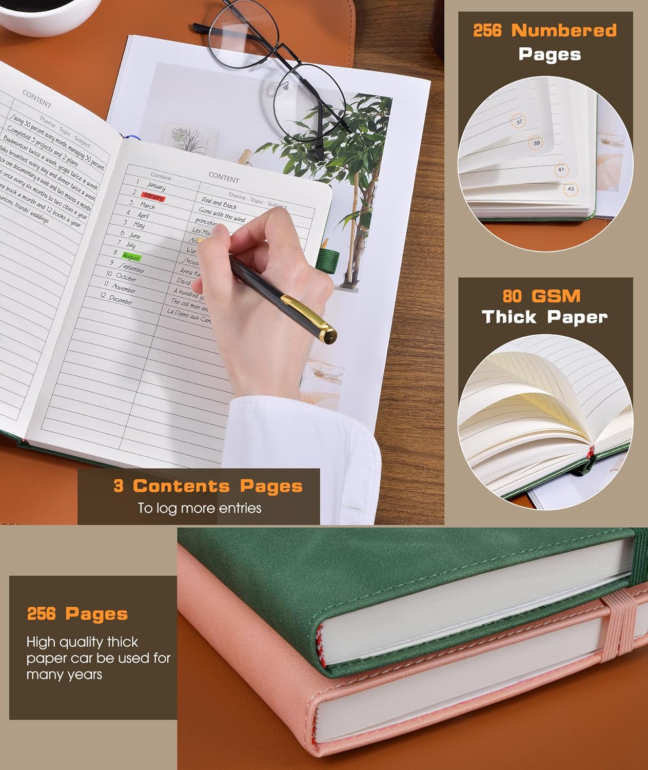 Lined Journal Notebook for Women Men, 256 Numbered Pages Hardcover Leather Journals for Writing, A5 Journaling Notebooks, College Ruled Journal for Business Work School 5.75" x 8.38" Green