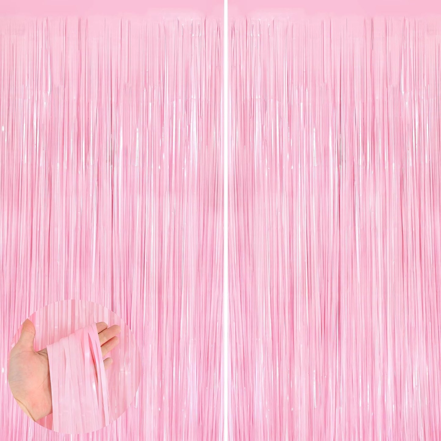 2Pack Pastel Pink Metallic Tinsel Foil Fringe Curtains, 3.3 X 8.3ft Pink Party Streamers Backdrop Curtains for Birthday Party Decorations, Halloween Decor, Foil Curtain Backdrop for Bachelorette Party