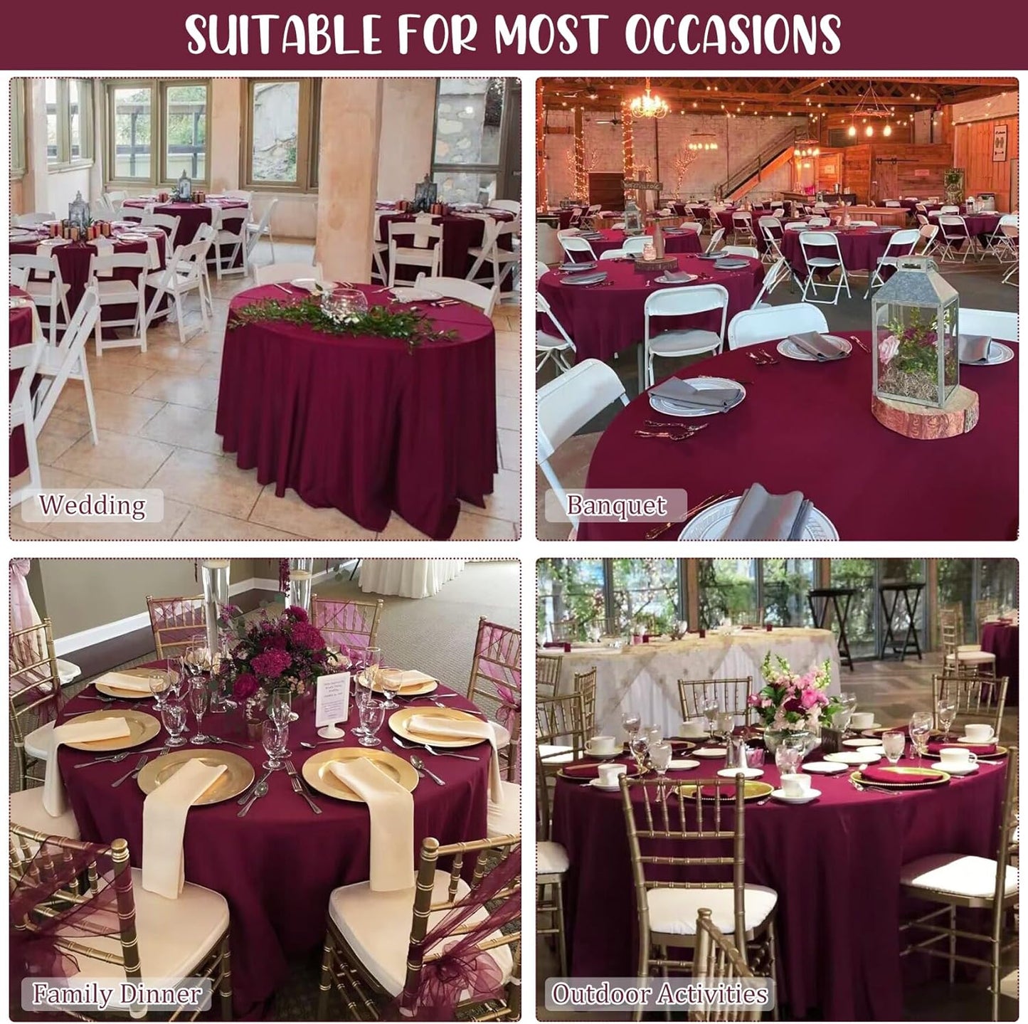 8 Pack Premium Round Tablecloth 120 Inch Round Table Covers Bulk Washable Polyester Fabric Round Table Clothes for Wedding Party Reception Banquet Buffet Restaurant (Burgundy, 120 Inch)