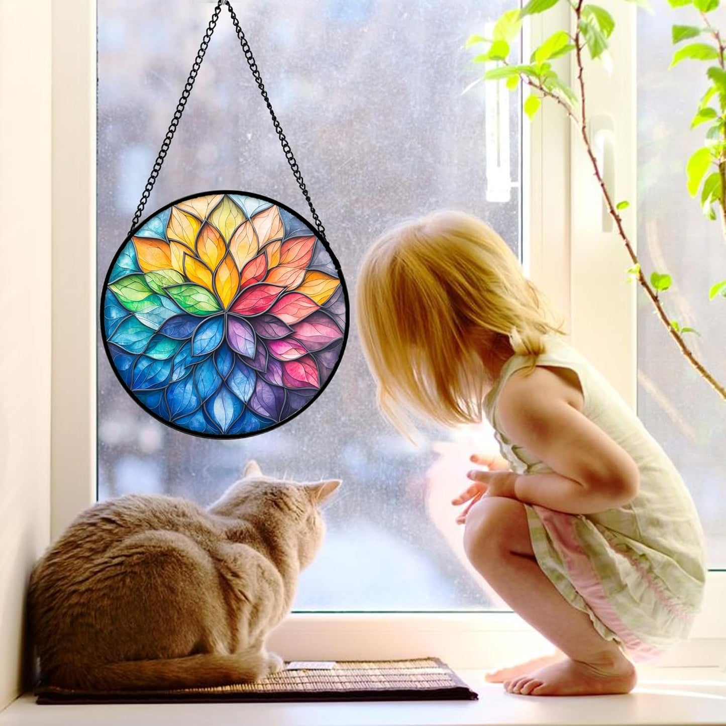 Stained Glass Window Hanging, Colorful Flower Petals Sun Catchers Diamond Glass Panel Hangings Suncatcher Decor for Birthday for Women, Men, Wife, Aunt, and Mom 7.8 in