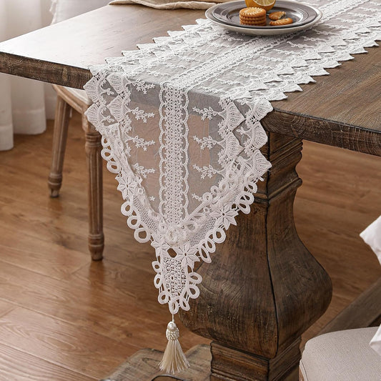 patdrea Designer Vintage White Lace Table Runner,Crochet Decorative Table Covers,Chiffon Embroidered Tasseled Table Runners, Cutwork Dresser Runners,Christmas Wedding Party Bridal 16x71 Inches Long