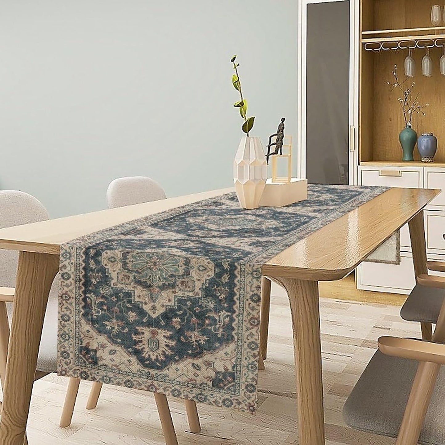 Boho Bohemia Style Table Runner, Vintage Blue Retro Flower Rustic Country Style Floral Print Pattern for Home Kitchen Table Decor Dining Coffee Room Garden Party Decor 13x108in