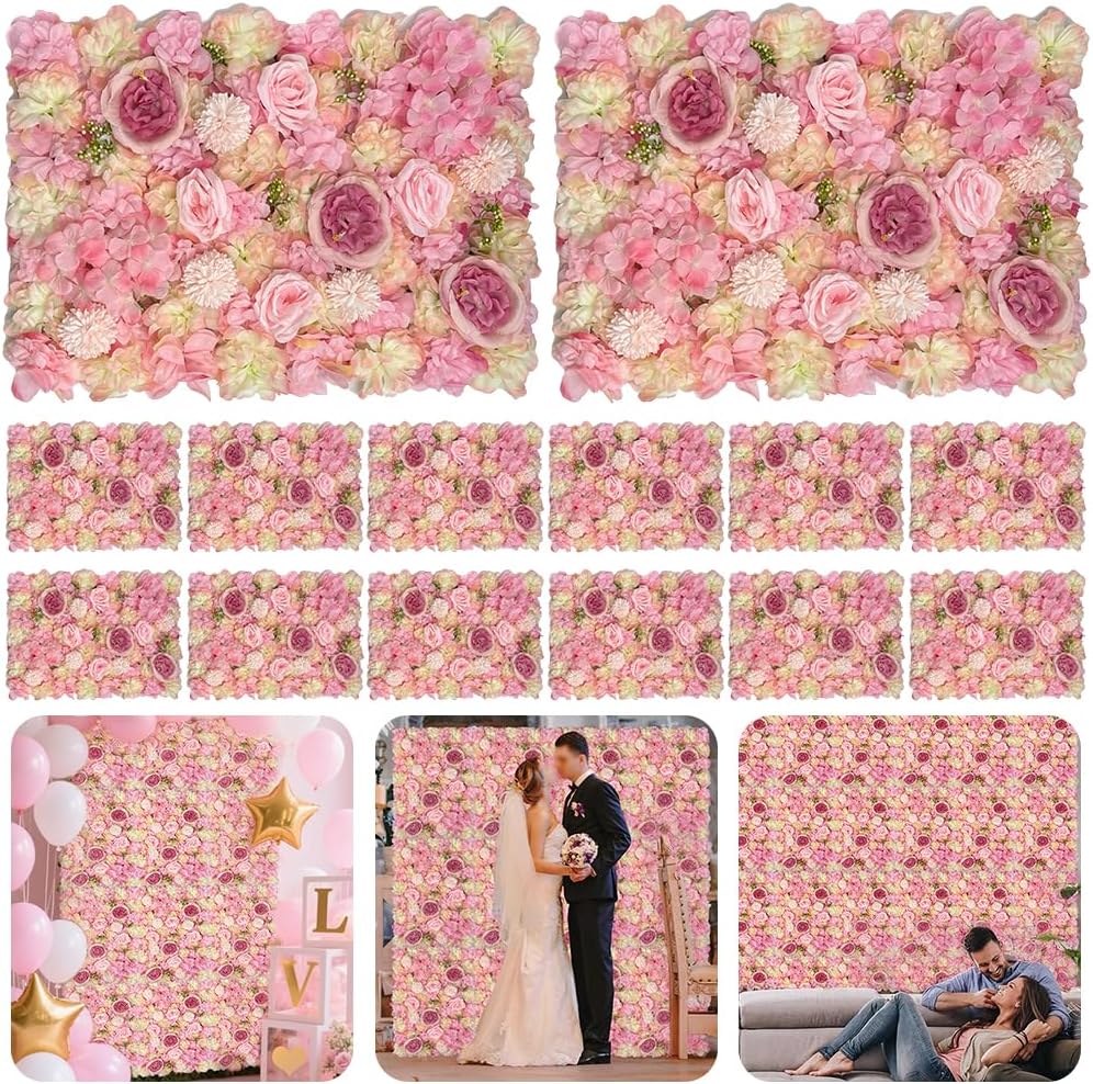 Artificial 3D Flower Wall Panel for Backdrop 12 Pcs 24x16 inches Pink Faux Roses Artificial Flower Backdrop for Wedding Party Bridal Baby Shower Decor