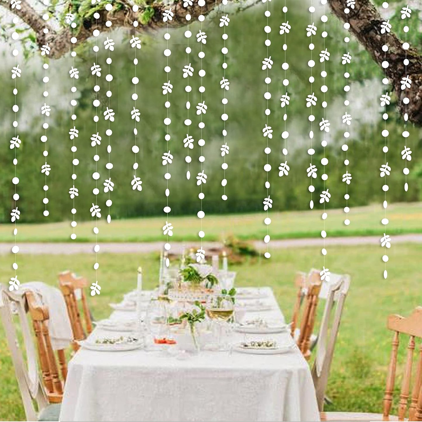 52Ft White Party Decoration Spring Leaf Polka Dot Garland Paper Hanging White Olive Leaves Circle Dot Streamer Banner for Engagement Wedding Bridal Baby Shower Bachelorette Birthday Tea Party Supplies