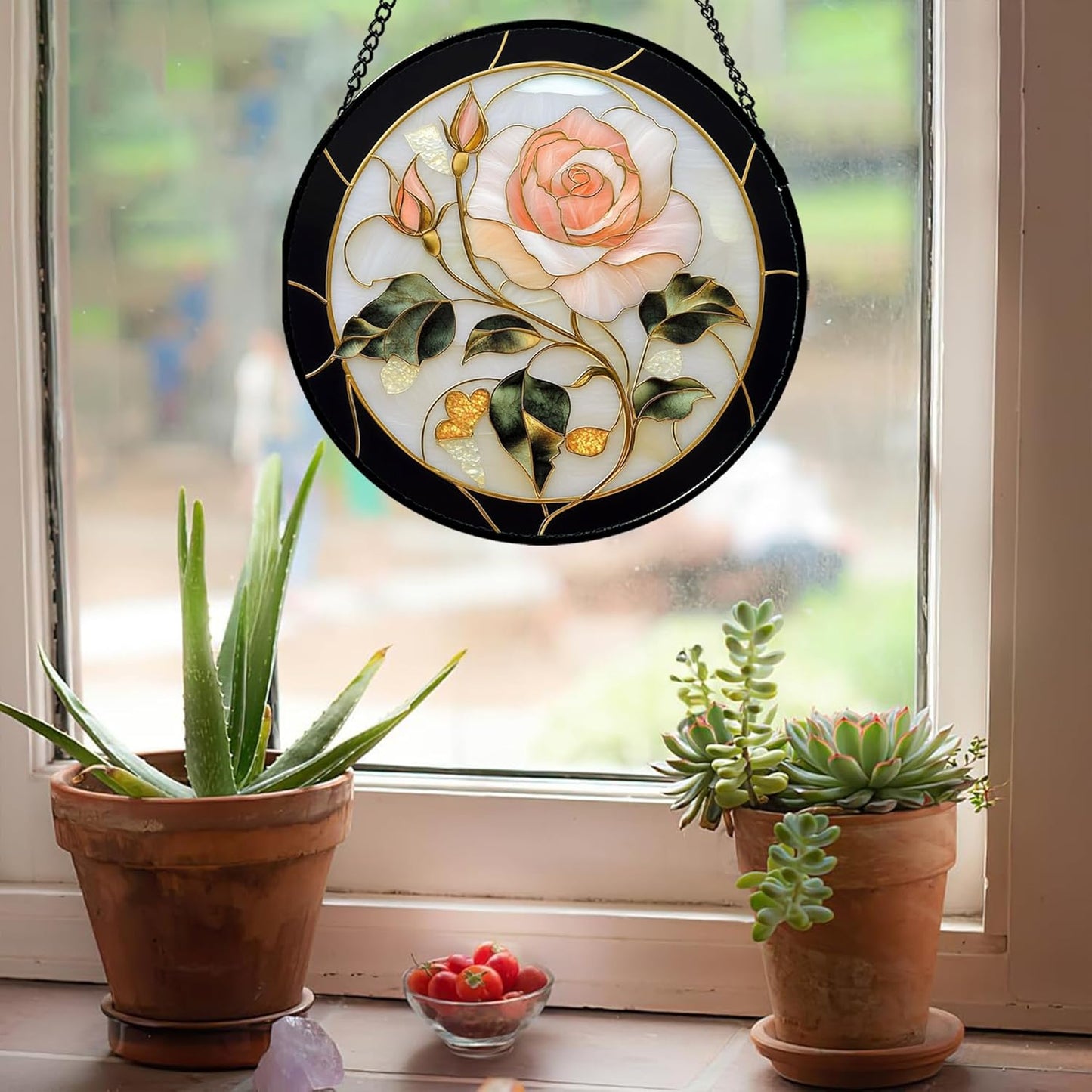 Stained Glass Window Hanging - Black White Pink Rose Sun Catcher for Door Home Decor Flower Suncatcher Christmas Mother's Day Birthday Gifts for Women Men Lovers Mom Nana 6.3 in