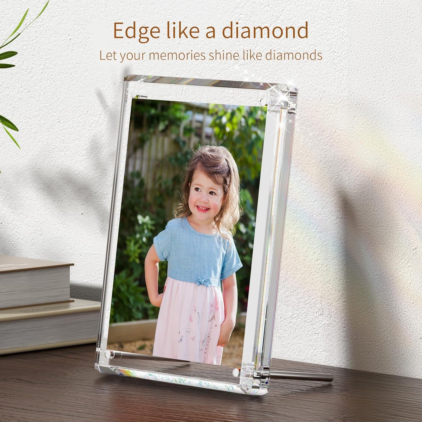 NIUBEE 5x7 Acrylic Picture Frames, Clear Photo Frame for Living Room, Diamond Edge Design, Portrait and Landscape Magnetic Family Thick Desktop Frame