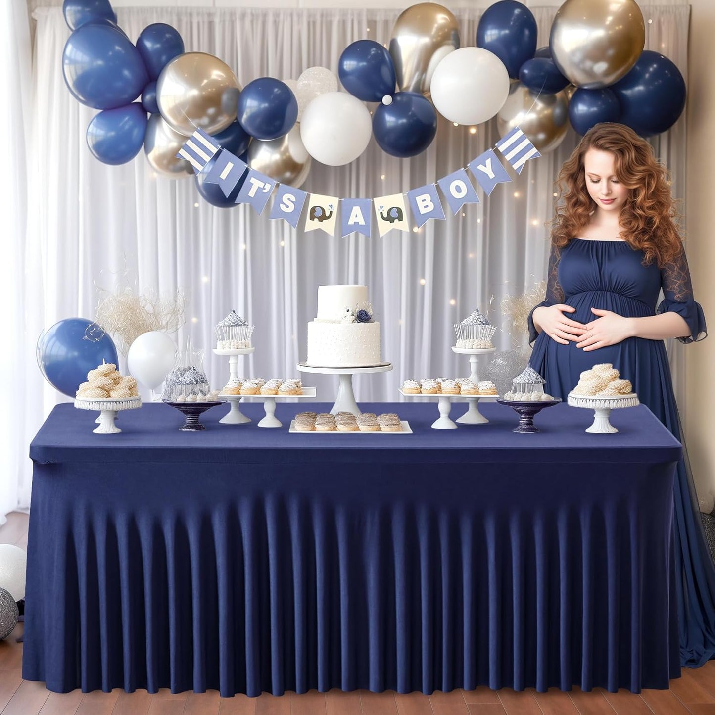 Wish Care 2 Pack Navy Blue Spandex Table Clothes for 4 Foot Rectangle Tables, 4FT Wrinkle Free Fitted Tablecloths Ruffles Design Table Cover for Party, Banquet, Wedding and Events