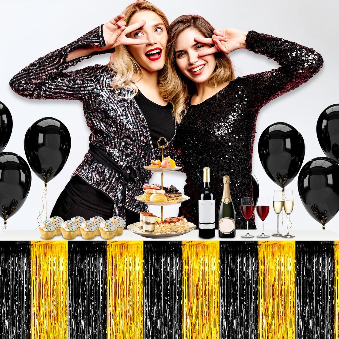 3 Pack 29x108 Inch Black Gold Foil Fringe Table Skirts Metallic Banner for Tinsel Streamer Garland Backdrop for Parade Floats Wedding Thanksgiving Birthday Christmas Halloween Party Decoration