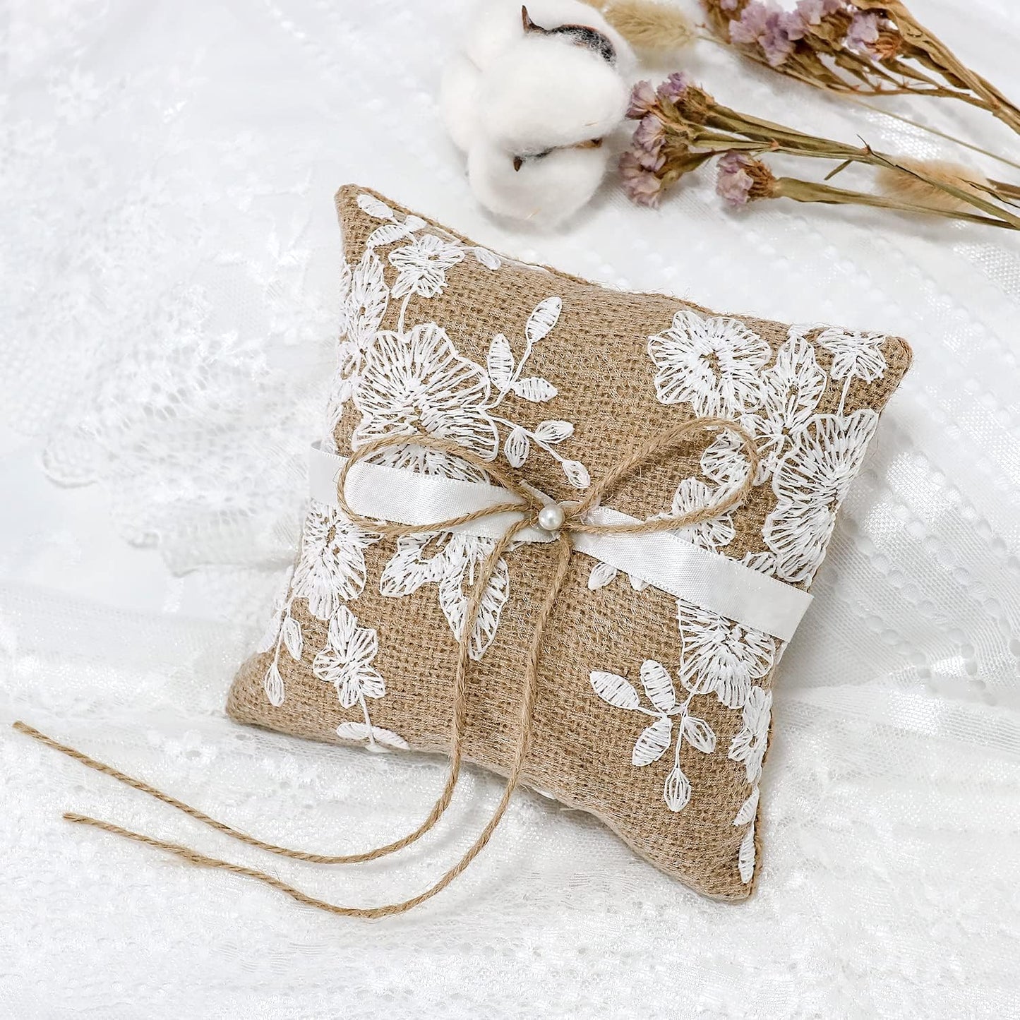 Ring Bearer Pillows Lace Bow Flower for Fall Wedding Ceremony with Vintage Rustic Lace Bow Pearl Embroidered Flower Ribbon (6 inch)