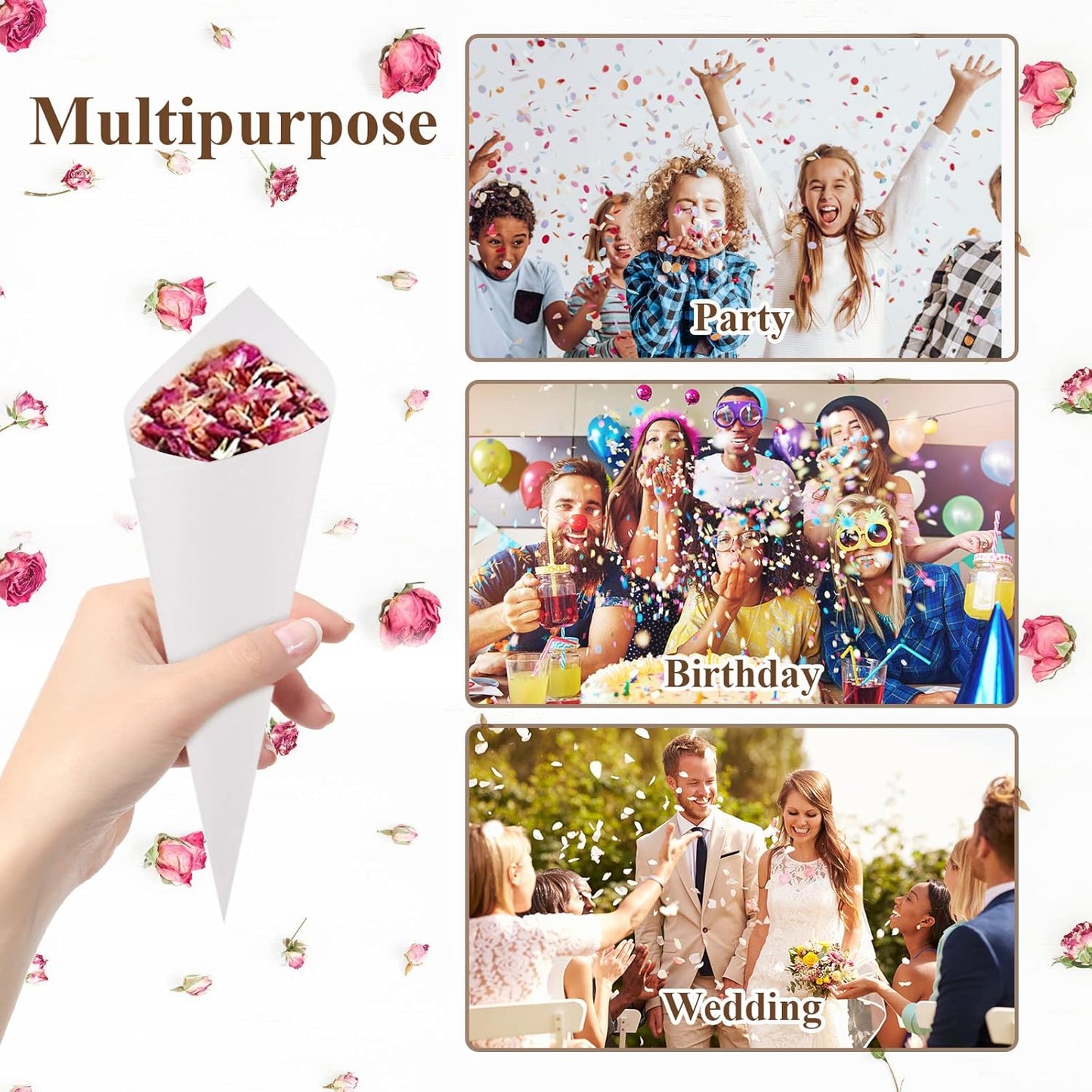 30 Pieces biodegradable confetti Cones and Stand Tray Paper Cone Box 30 Holes Suitable Placing Dried Flower Petals Confetti for Wedding, Engagement, Party, Birthday (White)