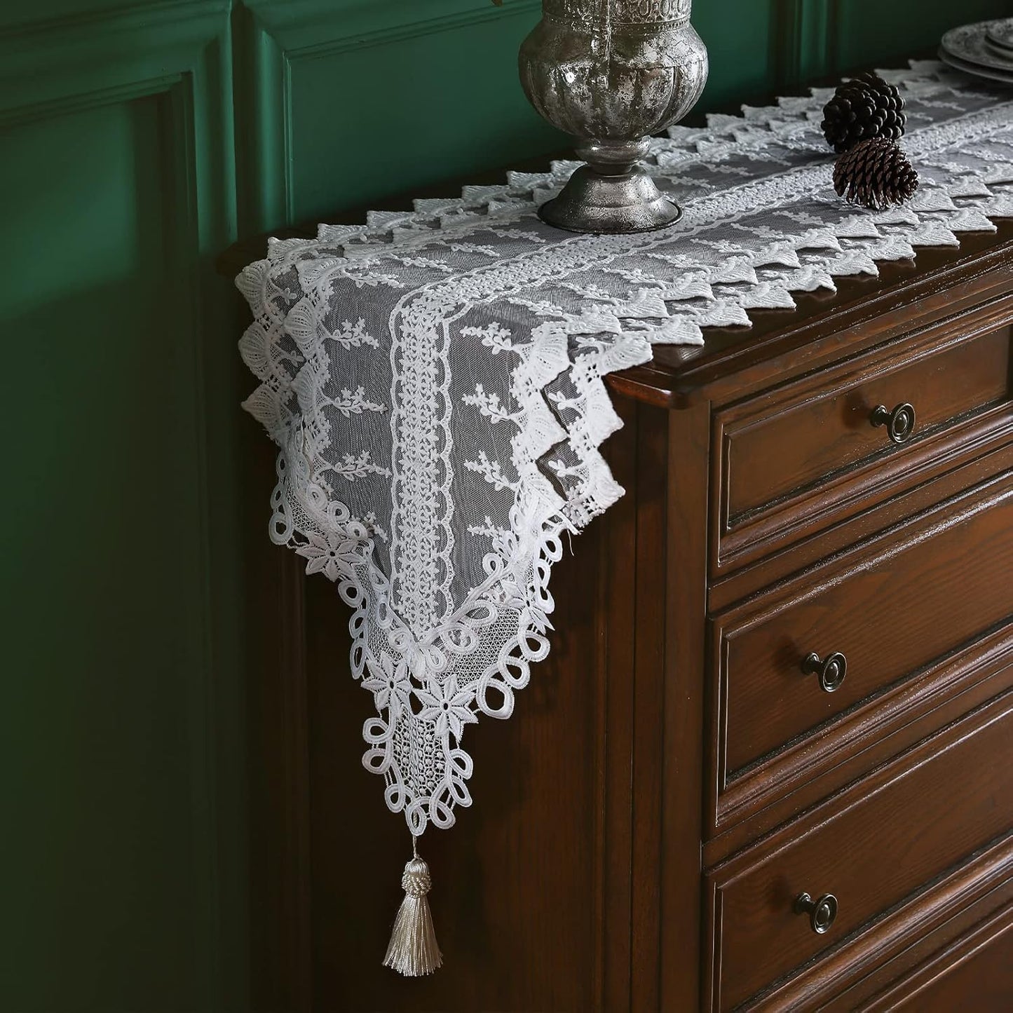 patdrea Designer Vintage White Lace Table Runner,Crochet Decorative Table Covers,Chiffon Embroidered Tasseled Table Runners, Cutwork Dresser Runners,Christmas Wedding Party Bridal 16x102 Inches Long