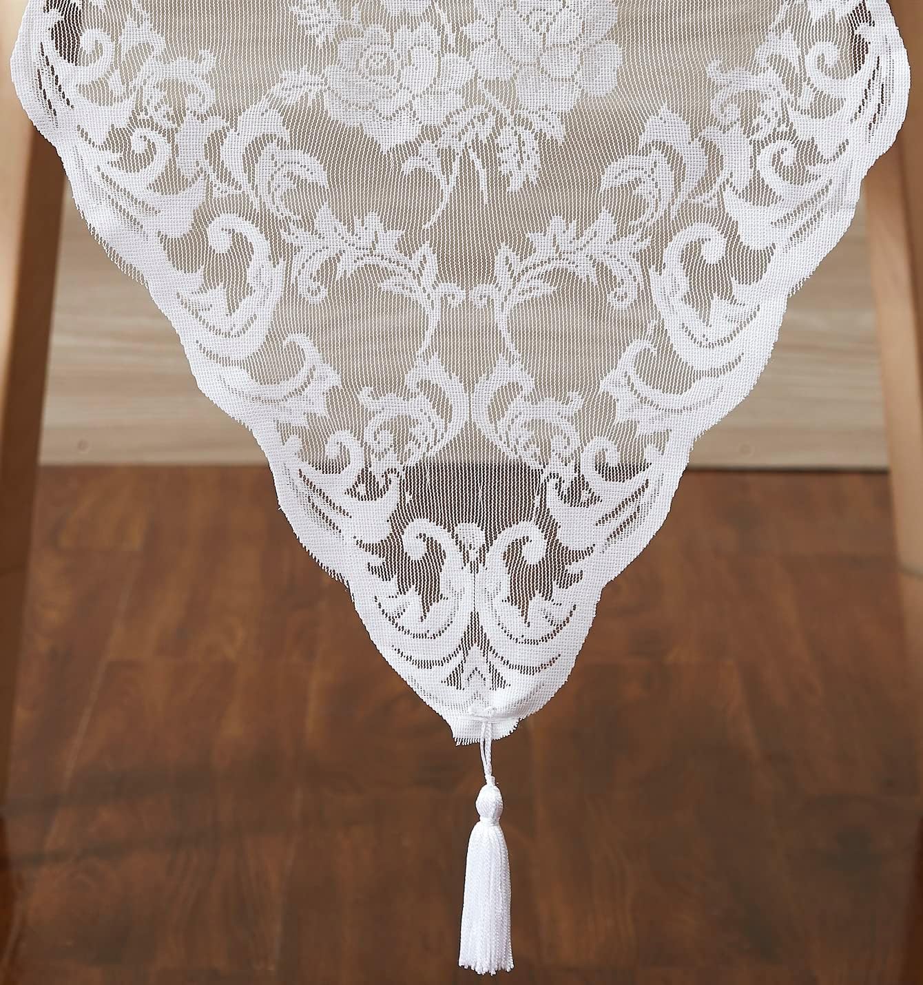 LinenZone White Table Runner with 2 Tassels for Rustic Vintage Decor. Lace Table Runner Works Great As Wedding, Thanksgiving, Christmas Decor(Mia 14 x 48, White)