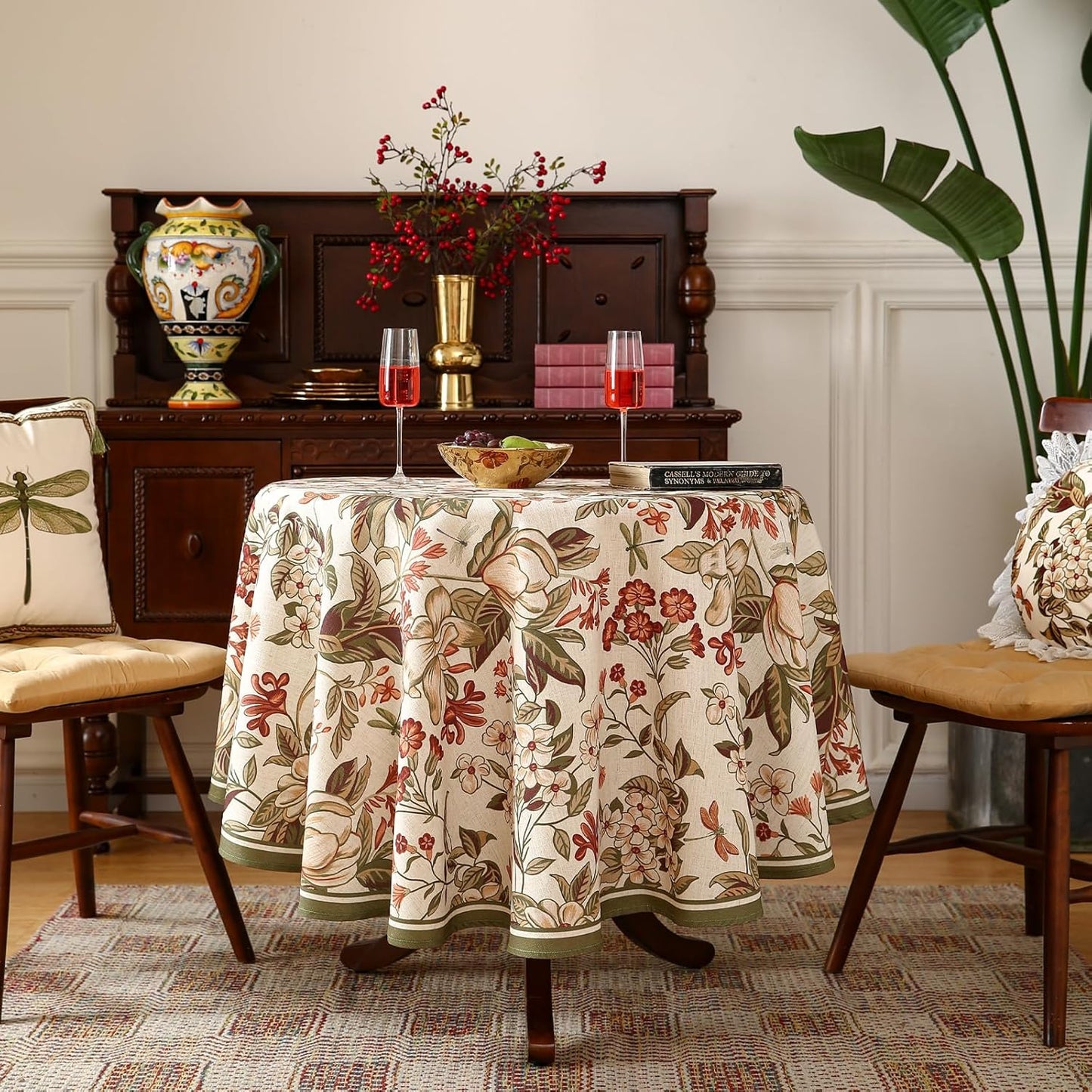 ISAENNE Designer Bohemian Linen Round Table Cloth,Colorful Floral Pattern Tablecloth,Wrinkle Resistant Decorative Tablecloths for Dining Thanksgiving Kitchen Party,Diameter 67"-Grace A