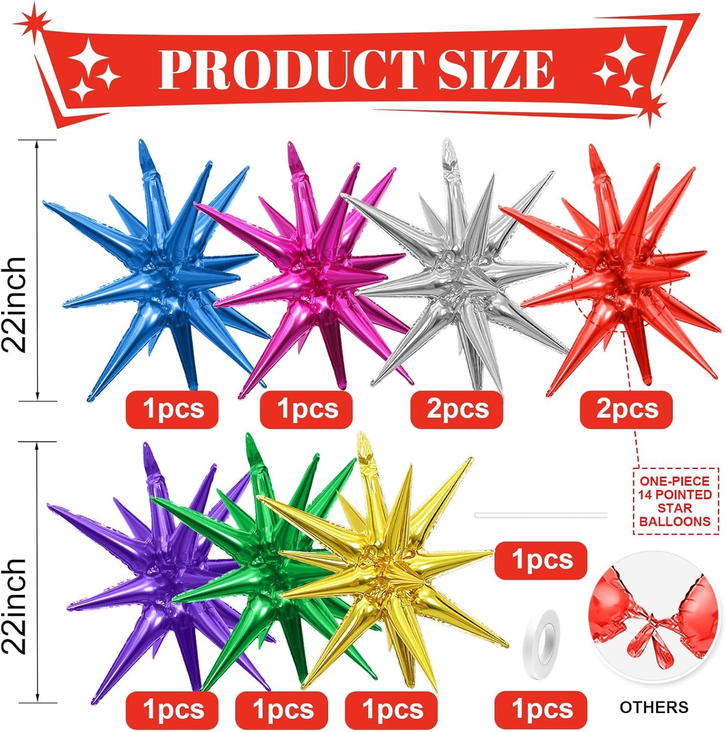 Colorful Star Balloons,9Pcs 22Inch Rainbow Explosion Spike Cone Helium Polyester Film Star Foil Balloons for Birthday Anniversary Baby Shower New Year Christmas Disco Party Decorations